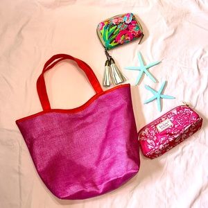 Pink Tote Bag with Red Handles